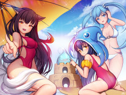 Rule 34 | 3girls, ahri (league of legends), animal ears, ass, bad id, bad pixiv id, black hair, blue eyes, blue hair, blush, breasts, cleavage, dduck kong, flat chest, fox ears, fox tail, highres, league of legends, long hair, looking at viewer, lulu (league of legends), medium breasts, multiple girls, navel, open mouth, pool party lulu, purple hair, sand castle, sand sculpture, sideboob, sitting, smile, sona (league of legends), tail, teeth, yellow eyes, zac (league of legends)