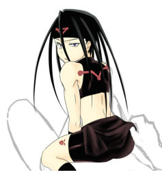Rule 34 | androgynous, back, black hair, envy (fma), fullmetal alchemist, gender request, headband, homunculus, long hair, looking back, midriff, open mouth, ouroboros, pale skin, purple eyes, sitting, sitting on person, skin tight, skirt, sleeveless, slit pupils, tattoo, trap