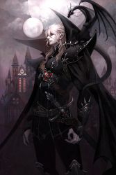 Rule 34 | 1boy, armor, arms at sides, black cloak, black pants, black shirt, cloak, closed mouth, dragon, dragon wings, full moon, hair between eyes, high collar, highres, long hair, moon, night, osuk2, outdoors, pale skin, pants, pauldrons, pointy ears, scabbard, sheath, shirt, shoulder armor, skull, solo, standing, sword, weapon, white hair, wings