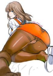 Rule 34 | 1girl, artist name, blue eyes, breasts, brown hair, clothes lift, commentary request, dated, hiyoshi hana, long hair, looking at viewer, orange skirt, pantyhose, shirt, skirt, skirt lift, solo, white background, white shirt