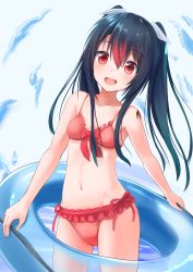 Rule 34 | akabane hibame, bikini, black hair, breasts, cowboy shot, frilled bikini, frills, front-tie top, groin, highres, innertube, long hair, looking at viewer, multicolored hair, navel, open mouth, original, red bikini, red eyes, red hair, side-tie bikini bottom, small breasts, smile, solo, swim ring, swimsuit, teeth, twintails, two-tone hair, upper teeth only