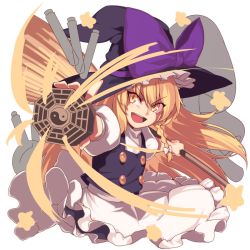 Rule 34 | 1girl, :d, apron, black dress, blonde hair, bow, braid, broom, buttons, cowboy shot, dress, flask, frilled dress, frilled hat, frills, hair between eyes, hair bow, hat, hat bow, kaiza (rider000), kirisame marisa, long hair, mini-hakkero, mushroom, open mouth, outstretched arm, puffy sleeves, round-bottom flask, short sleeves, side braid, simple background, single braid, smile, solo, star (symbol), touhou, v-shaped eyebrows, waist apron, white background, witch hat, yellow eyes