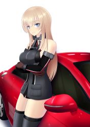 Rule 34 | 1girl, absurdres, anchor, bismarck (kancolle), blonde hair, blue eyes, breasts, brown gloves, car, detached sleeves, gloves, grey thighhighs, highres, kantai collection, large breasts, leaning on object, military, military uniform, motor vehicle, nokonoko, sidelocks, smile, solo, standing, thighhighs, uniform
