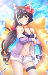 Rule 34 | 1girl, 3:, animal ear fluff, animal ears, bare shoulders, bikini, black bikini, black hair, blush, breasts, cat ears, cat girl, cloud, cowboy shot, day, eyewear on head, flower, front-tie bikini top, front-tie top, frown, green eyes, hair flower, hair ornament, halterneck, hibiscus, highres, innertube, jacket, karyl (princess connect!), karyl (summer) (princess connect!), long hair, looking at viewer, low twintails, medium breasts, multicolored hair, navel, necoring862, nose blush, off shoulder, open clothes, open fly, open jacket, princess connect!, purple jacket, short shorts, shorts, sky, solo, stomach, streaked hair, sunglasses, sunglasses on head, sunlight, swim ring, swimsuit, thigh strap, twintails, very long hair, white shorts