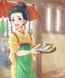 Rule 34 | 1girl, :d, black hair, blue eyes, comb, fish (food), floral print, food, grilled fish, hair slicked back, highres, holding, holding tray, indoors, japanese clothes, kimono, open mouth, original, oven, patch (sunamiti), skewer, smile, standing, sunlight, tray, twitter username, waitress, wind, yellow kimono, yukata