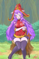 Rule 34 | 1girl, bad id, bad pixiv id, black thighhighs, blush, breasts, colored skin, green eyes, hat, highres, large breasts, league of legends, long hair, lulu (league of legends), plump, purple hair, purple skin, sitting, solo, staff, thighhighs, thighs, tree stump, trombe, very long hair, wide hips