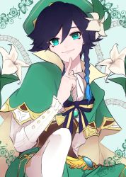 1boy anemo_(genshin_impact) black_hair blue_eyes blue_hair braid cape flower gem genshin_impact gradient_hair green_hat hair_flower hair_ornament hat highres jewelry leaf long_sleeves looking_at_viewer male_focus multicolored_hair music musical_note pantyhose ribbon shorts silent_913 smile solo trap twin_braids venti_(genshin_impact) vision_(genshin_impact) white_flower white_pantyhose