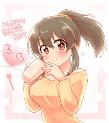 Rule 34 | 1girl, alternate costume, birthday, blush, border, bra strap, breasts, brown hair, closed mouth, commentary request, cup, dated, dot nose, english text, eyelashes, hair between eyes, hair ornament, hair scrunchie, hands up, happy birthday, heart, high ponytail, highres, holding, holding cup, hori yuko, idolmaster, idolmaster cinderella girls, large breasts, long bangs, looking at viewer, medium hair, off-shoulder sweater, off shoulder, outside border, parted bangs, pink border, ponytail, red eyes, scrunchie, sidelocks, smile, solo, sparkling eyes, split mouth, spork, straight hair, string, string phone, sweater, tong (freedom2000), upper body, v-neck, yellow scrunchie, yellow sweater
