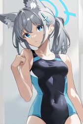 Rule 34 | 1girl, animal ear fluff, animal ears, black one-piece swimsuit, blue archive, blue eyes, breasts, competition swimsuit, covered navel, cowboy shot, cross hair ornament, extra ears, grey hair, hair ornament, halo, highres, low ponytail, medium hair, mismatched pupils, multicolored clothes, multicolored swimsuit, official alternate costume, one-piece swimsuit, shiroko (blue archive), shiroko (swimsuit) (blue archive), small breasts, solo, swimsuit, wolf ears, wusuobushiheidongsang