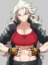 Rule 34 | anagumasan, blonde hair, blue eyes, breasts, closed mouth, commentary request, crop top, double dragon, fingerless gloves, gloves, hands on stomach, highres, jacket, kunio-kun series, large breasts, long hair, marian kelly, muscular, muscular female, open clothes, pants, river city girls, sleeves rolled up, smile, solo
