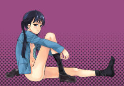 Rule 34 | 1girl, bad id, bad pixiv id, black eyes, black hair, blazer, bottomless, breasts, chiba saori, from side, frown, hourou musuko, jacket, kno1, long hair, nipples, open clothes, open shirt, shirt, shoes, single shoe, sitting, small breasts, solo, twintails