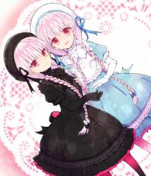 Rule 34 | 2boys, :d, alice (fate), beret, black bow, black dress, black headwear, black ribbon, blue bow, blue dress, blue ribbon, bow, braid, doll joints, dress, fate/extra, fate (series), hair bow, hat, hat ribbon, joints, looking at viewer, multiple boys, nursery rhyme (fate), open mouth, pink eyes, pink hair, ribbon, shinogi (shinogi wgrm), smile, twin braids, white bow, white headwear