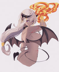 Rule 34 | 1girl, absurdres, arm up, ass, breasts, censored nipples, closed mouth, collar, convenient censoring, dafenpipixia, demon girl, demon horns, demon tail, demon wings, fire, from side, grey background, grey hair, highres, horns, large breasts, long hair, looking at viewer, looking to the side, low-tied long hair, original, purple eyes, pyrokinesis, simple background, solo, tail, upper body, very long hair, wings