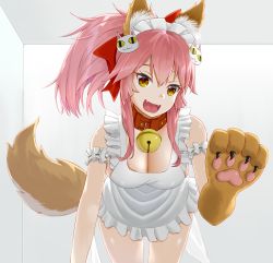 Rule 34 | 1girl, animal ear fluff, animal ears, animal hands, apron, bell, breasts, cat hair ornament, cat paws, cleavage, collar, commentary, commentary request, fangs, fate/grand order, fate (series), fox ears, fox girl, fox tail, gloves, hair ornament, hair ribbon, highres, jingle bell, kleingordoneq, large breasts, looking at viewer, maid headdress, naked apron, neck bell, open mouth, paw gloves, pink hair, red ribbon, ribbon, sideboob, skin fangs, solo, tail, tamamo (fate), tamamo cat (fate), tamamo cat (third ascension) (fate), white apron, yellow eyes