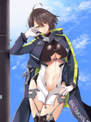 Rule 34 | 1girl, ahoge, azur lane, baltimore (azur lane), black thighhighs, blue coat, blush, breasts, brown hair, center opening, character name, cleavage, clothing cutout, cloud, cloudy sky, coat, cowboy shot, day, garter straps, gloves, hand on own hip, head rest, head tilt, highres, hood, hooded coat, large breasts, leotard, lips, looking at viewer, midriff, navel, navel cutout, outdoors, short hair, sky, smile, solo, taut clothes, thighhighs, thighs, white gloves, yellow eyes, zipper, zipper pull tab, zubi (skylinezb)