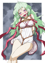 Rule 34 | 1girl, arms behind back, ball gag, bare shoulders, bdsm, blush, bondage, bound, bound arms, breasts, chou shittou caduceus, crotch rope, crying, crying with eyes open, drooling, eudetenis, gag, gagged, green hair, highres, hospital rokunin no ishi, long hair, purple eyes, rope, rosalia rosselini, shibari, solo, sweat, tears