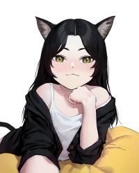 Rule 34 | 1girl, animal ear fluff, animal ears, bad id, bad pixiv id, bare shoulders, black hair, black shirt, blouse, blush, brown eyes, cat ears, cat girl, cat tail, closed mouth, collarbone, commentary, dongho kang, green eyes, highres, long hair, looking at viewer, lying, off shoulder, on stomach, open clothes, open shirt, original, parted bangs, shirt, simple background, smile, solo, tail, upper body, white background