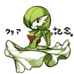 Rule 34 | 1girl, bob cut, breasts, colored skin, creatures (company), dot mouth, female focus, full body, game freak, gardevoir, gen 3 pokemon, green hair, green skin, hair over one eye, hand up, japanese text, jpeg artifacts, looking at viewer, lowres, multicolored skin, nintendo, one eye covered, oyama yoihaya, pokemon, pokemon (creature), red eyes, short hair, simple background, sitting, small breasts, solo, translation request, two-tone skin, white background, white skin