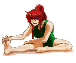 Rule 34 | 1girl, alternate costume, alternate hairstyle, bare arms, bare legs, barefoot, blouse, blue eyes, braid, breasts, feet, full body, gym shirt, gym shorts, hair ribbon, hand on own foot, hong meiling, koyubi (littlefinger1988), large breasts, long hair, open mouth, ponytail, ribbon, shirt, shorts, side braid, sitting, sleeveless, sleeveless shirt, soles, solo, stretching, toes, touhou, tress ribbon, twin braids