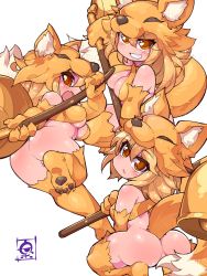 Rule 34 | 1girl, absurdres, animal feet, animal hands, ass, bell, blonde hair, blush, bottomless, breasts, brown eyes, cleavage, commentary request, commission, fang, fox girl, fox hat, fox tail, fukurou (owl222), full body, grin, highres, holding, holding staff, looking at viewer, looking back, medium breasts, medium hair, moonlight flower, open mouth, partially visible vulva, ragnarok online, second-party source, signature, simple background, skeb commission, skin fang, smile, squatting, staff, tail, white background