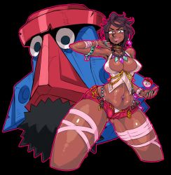 Rule 34 | 1girl, armpits, arms up, bangle, bare shoulders, belt, black background, black hair, blue nails, bracelet, breasts, cameltoe, creatures (company), cropped legs, dark-skinned female, dark skin, diamond (gemstone), diamond (shape), earrings, elite four, fingernails, game freak, gen 4 pokemon, hip focus, island kahuna, jewelry, large breasts, lipstick, looking at viewer, makeup, midriff, multicolored hair, nail, nail polish, navel, nintendo, no bra, olivia (pokemon), outline, pink lips, poke ball, pokemon, pokemon (creature), pokemon sm, probopass, short hair, short shorts, shorts, simple background, sleeveless, smile, solo, stomach, tagane, tank top, thick thighs, thigh strap, thighs, thong, underwear, unzipped, wide hips, wristband, z-ring