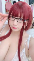 Rule 34 | 1girl, asian, breasts, chouzuki maryou, cleavage, glasses, highres, large breasts, lipstick, makeup, photo (medium), plump, red hair, solo