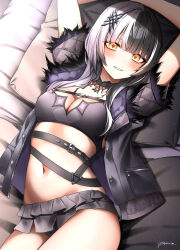 Rule 34 | 1girl, absurdres, arms up, bed sheet, belt, bikini, bikini skirt, black belt, black bikini, black hair, black jacket, breasts, chest belt, choker, cleavage, grin, hair ornament, highres, hololive, hololive english, jacket, light particles, looking at viewer, lying, medium breasts, multicolored hair, navel, on back, open clothes, open jacket, parted lips, pepushi drow, pillow, shiori novella, shiori novella (1st costume), signature, smile, solo, split-color hair, stomach, swimsuit, two-tone hair, virtual youtuber, white hair, yellow eyes