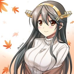 Rule 34 | 10s, 1girl, alternate costume, artist name, black hair, breasts, brown eyes, eyebrows, falling leaves, gradient background, hair between eyes, hair ornament, hairclip, haruna (kancolle), headgear, highres, jacket, jacket on shoulders, kantai collection, large breasts, leaf, long hair, looking at viewer, one-hour drawing challenge, ribbed sweater, smile, solo, sweater, the-sinner, turtleneck, white background, white sweater
