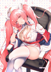 Rule 34 | 1girl, :o, absurdres, artist name, azur lane, black choker, blush, breasts, center opening, chair, choker, cleavage, collared shirt, commentary request, cross hair ornament, crossed legs, gloves, hair ornament, hair ribbon, half gloves, hand on own cheek, hand on own face, hand on own hip, hat, head rest, head tilt, highres, id card, indoors, jacket, lanyard, large breasts, long hair, long sleeves, looking at viewer, non-web source, nurse, nurse cap, office chair, official alternate costume, open clothes, open jacket, open mouth, partially unbuttoned, perseus (azur lane), perseus (unfamiliar duties) (azur lane), pill, pink eyes, pink gloves, pink hair, raiou, ribbon, shirt, sidelocks, sitting, skindentation, solo, swivel chair, thighhighs, twintails, very long hair, white hat, white shirt, white thighhighs, wide sleeves, wing collar, zettai ryouiki