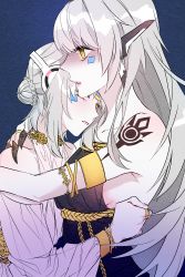 Rule 34 | bare shoulders, claws, code: sariel (elsword), code: ultimate (elsword), elsword, eve (elsword), facial mark, frown, highres, hug, long hair, mechanical ears, open mouth, silver hair, sulleah, symbol, tattoo, yuri