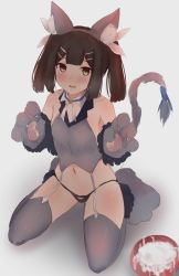 Rule 34 | 1girl, animal ears, animal hands, bare shoulders, black hair, blue ribbon, blush, bowl, breasts, cat ears, cat tail, cropped vest, fate/kaleid liner prisma illya, fate (series), feather hair ornament, feathers, garter straps, gloves, grey panties, grey vest, hair ornament, hairclip, john zhang, kneeling, long hair, looking at viewer, miyu edelfelt, navel, panties, parted lips, paw gloves, paw shoes, pet bowl, ribbon, shoes, simple background, small breasts, tail, thighhighs, thighs, twintails, underwear, vest, yellow eyes