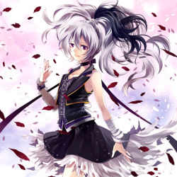 Rule 34 | 1girl, album cover, artist request, bandages, bare shoulders, black hair, black nails, bracelet, choker, collarbone, corset, cover, flower (vocaloid), flower (vocaloid3), high ponytail, jewelry, long hair, long sleeves, multicolored hair, nail polish, petals, ponytail, purple eyes, silver hair, single sleeve, skirt, skirt set, solo, two-tone hair, vest, vocaloid