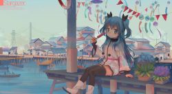 Rule 34 | 10s, 1girl, air conditioner, bad id, bad pixiv id, black ribbon, black thighhighs, blue eyes, blue hair, boat, boots, bow, colorful, crate, day, dress, english text, flag, flower, flower pot, food, foot dangle, hair ribbon, harbor, highres, holding, house, ladder, landscape, lifebuoy, long hair, long sleeves, looking at viewer, noel (sora no method), ocean, outdoors, pennant, pier, pink bow, pink ribbon, plant, pom pom (clothes), popsicle, potted plant, power lines, ribbon, short dress, short twintails, sitting, smile, sora no method, string of flags, swim ring, text focus, thighhighs, town, transmission tower, twintails, two side up, utility pole, warehouse, watercraft, white dress, white footwear, wind chime, xisheng, zettai ryouiki