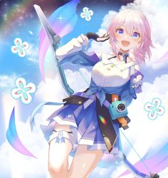 Rule 34 | 1girl, :d, absurdres, archery shooting glove, black gloves, blue skirt, blue sky, bow (weapon), camera, cloud, cloudy sky, gloves, highres, holding, holding bow (weapon), holding weapon, honkai: star rail, honkai (series), jacket, long hair, long sleeves, looking at viewer, looking back, march 7th (honkai: star rail), open mouth, partially fingerless gloves, pink eyes, pink hair, shirt, skirt, sky, smile, solo, tied jacket, weapon, white shirt, yumegiwa (skgl thx)