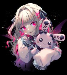 Rule 34 | 1girl, :3, absurdres, armband, black background, black ribbon, blonde hair, commentary request, cropped torso, demon wings, fangs, frilled jacket, frills, gem, hair ribbon, highres, hina (hinalovesugita), holding, holding gem, holding stuffed toy, jacket, long sleeves, looking at viewer, makaino ririmu, medium hair, multicolored hair, nijisanji, open mouth, pink eyes, pink hair, pink jacket, pointy ears, red wings, ribbon, sidelocks, simple background, sleeves past fingers, sleeves past wrists, smile, solo, stuffed animal, stuffed rabbit, stuffed toy, two-tone hair, upper body, virtual youtuber, wings
