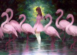 Rule 34 | 1girl, bird, brown hair, dress, flamingo, forest, from side, hair behind ear, kilart, long hair, looking down, nature, off-shoulder dress, off shoulder, original, pink dress, solo, standing, thighhighs, water, white thighhighs