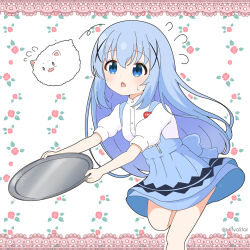 Rule 34 | 1girl, angora rabbit, animal, anna miller, blue eyes, blue hair, blue skirt, blush, breasts, chestnut mouth, commentary request, feet out of frame, flying sweatdrops, gochuumon wa usagi desu ka?, hair between eyes, hair ornament, holding, holding tray, kafuu chino, long hair, mitya, open mouth, puffy short sleeves, puffy sleeves, rabbit, shirt, short sleeves, simple background, skirt, small breasts, standing, standing on one leg, suspender skirt, suspenders, sweat, tippy (gochiusa), tray, twitter username, uniform, very long hair, waitress, white background, white shirt, x hair ornament
