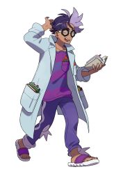 Rule 34 | 1boy, absurdres, arm above head, artist request, book, creatures (company), flip-flops, game freak, gen 4 pokemon, glasses, hand up, highres, holding, holding book, jacq (pokemon), lab coat, multicolored hair, nintendo, official art, one eye closed, open mouth, pants, pokemon, pokemon sv, purple footwear, purple hair, purple pants, purple shirt, rotom, rotom phone, sandals, shirt, simple background, solo, striped clothes, striped shirt, transparent background, two-tone hair