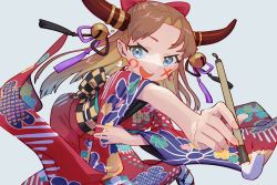 Rule 34 | 1girl, :d, bell, blonde hair, blue background, blue eyes, bow, brown hair, facepaint, female focus, hair bow, highres, holding, holding paintbrush, horns, japanese clothes, jingle bell, k725, kimono, multicolored hair, obi, open mouth, original, paintbrush, parted bangs, red bow, sash, simple background, smile, solo, teeth, upper teeth only, wide sleeves