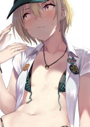 Rule 34 | 1girl, 92m, badge, bikini, black bikini, blonde hair, blush, breasts, button badge, closed mouth, collarbone, fanning face, green hat, hair between eyes, hat, highres, idolmaster, idolmaster shiny colors, jewelry, looking to the side, navel, necklace, open clothes, open shirt, photoshop (medium), purple eyes, saijo juri, shirt, short hair, short sleeves, simple background, small breasts, sweat, swimsuit, untied bikini, visor cap, white background, white shirt