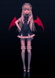 Rule 34 | 1girl, arm behind back, bands, black background, black bow, black footwear, black ribbon, blonde hair, blunt bangs, bow, ccakira000, demon wings, elbow gloves, fangs, frilled gloves, frilled legwear, frills, gloves, hand on own hip, highres, long hair, looking at viewer, maid headdress, neck ribbon, open mouth, original, red eyes, ribbon, simple background, solo, standing, vampire, white gloves, white legwear, wings