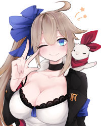Rule 34 | 1girl, ahoge, animal, blue bow, blue eyes, blush, bow, breasts, brown hair, choker, cleavage, fal (girls&#039; frontline), ferret, girls&#039; frontline, jacket, kairi630, large breasts, long hair, long sleeves, one eye closed, pet, side ponytail, simple background, smile, solo, star (symbol), tank top, upper body, v, white background