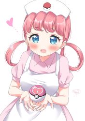 Rule 34 | 1girl, apron, aqua eyes, blush, collared dress, commentary request, creatures (company), dress, eyelashes, game freak, hair rings, hat, heart, highres, holding, holding poke ball, joy (pokemon), long hair, love ball, nintendo, open mouth, pink dress, pink hair, poke ball, poke ball print, pokemon, pokemon (anime), pokemon (classic anime), signature, solo, sugutsuka rerun, tongue, white apron, white background, white hat