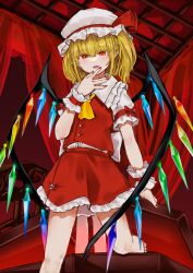 Rule 34 | 1girl, ascot, blonde hair, coffin, crystal, fangs, flandre scarlet, hat, highres, indoors, medium hair, mob cap, nail polish, one side up, pointy ears, red eyes, red nails, red skirt, red vest, sarasadou dan, short sleeves, skirt, solo, touhou, vest, white hat, wings, yellow ascot