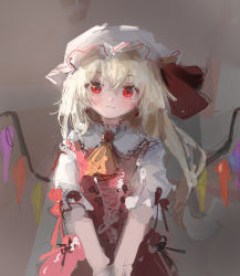 Rule 34 | 1girl, ascot, blonde hair, blush, brown background, closed mouth, collar, collared dress, crystal, dress, flandre scarlet, gem, grey background, hair between eyes, hat, hat ribbon, highres, jewelry, light, looking at viewer, mob cap, multicolored wings, one side up, puffy short sleeves, puffy sleeves, red dress, red eyes, red ribbon, reddizen, ribbon, shadow, shirt, short hair, short sleeves, sketch, smile, solo, touhou, white hat, white shirt, white sleeves, wings, yellow ascot