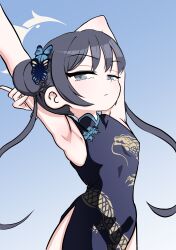 Rule 34 | 1girl, absurdres, arm up, armpits, black eyes, black hair, blue archive, breasts, china dress, chinese clothes, dcinside, dress, highres, kisaki (blue archive), looking at viewer, second-party source, small breasts, solo