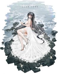 Rule 34 | 1girl, ahoge, arm support, azur lane, bare back, bare shoulders, beach, black hair, breasts, dress, earrings, flower, from side, full body, garter straps, hair flower, hair ornament, high heels, highres, jewelry, large breasts, long hair, looking at viewer, lying, messy hair, official alternate costume, official art, on side, open mouth, red eyes, sideboob, solo, taihou (azur lane), taihou (temptation on the sea breeze) (azur lane), thighhighs, transparent background, wedding dress, white footwear, white thighhighs, yunsang