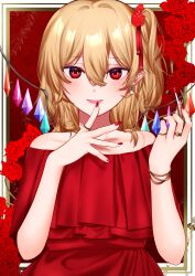 Rule 34 | 1girl, absurdres, alternate costume, blonde hair, blush, commentary request, crystal, dress, earrings, flandre scarlet, flower, hair flower, hair ornament, highres, holding, inset border, jewelry, kodouirasto, long hair, looking at viewer, multicolored wings, multiple rings, off-shoulder dress, off shoulder, one side up, open mouth, pointy ears, red dress, red eyes, red flower, red nails, red rose, ring, rose, side ponytail, smile, solo, touhou, wings