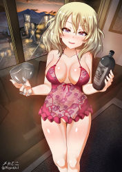 Rule 34 | 1girl, blonde hair, blue eyes, blush, breasts, breasts apart, cleavage, collarbone, couch, cup, drinking glass, girls und panzer, highres, indoors, large breasts, lingerie, looking at viewer, megadeko, negligee, no bra, no panties, open mouth, oshida (girls und panzer), short hair, smile, solo, underwear, window, wine glass