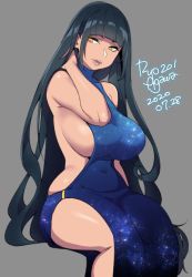 Rule 34 | 1girl, agawa ryou, arm up, artist name, black hair, blue dress, blunt bangs, breasts, commentary, dated, dress, grey background, huge breasts, invisible chair, lips, long hair, navel, original, sideboob, signature, simple background, sitting, skindentation, solo, thick thighs, thighs, very long hair, yellow eyes